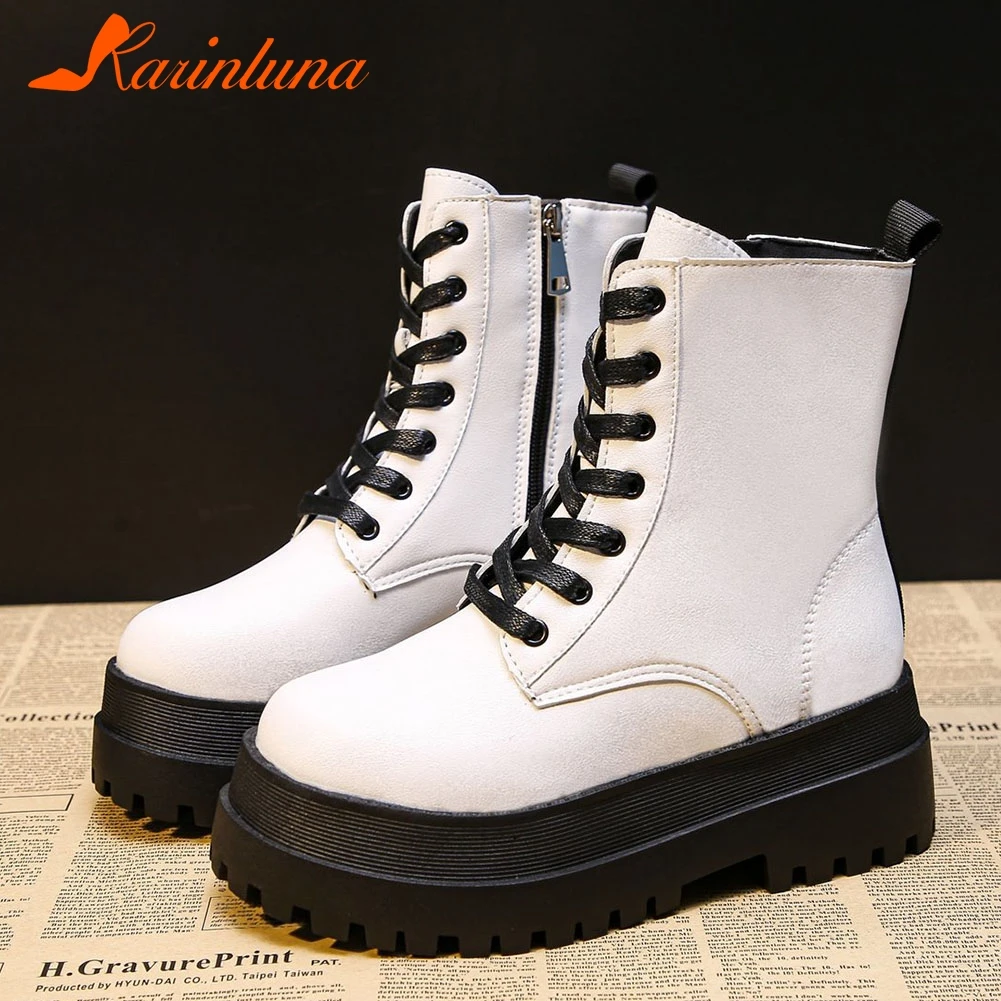

Женские мотоциклетные уличные ботинки KARINLUNA, ботильоны на платформе и массивном каблуке, с застежкой-молнией и перекрестной шнуровкой, 2020