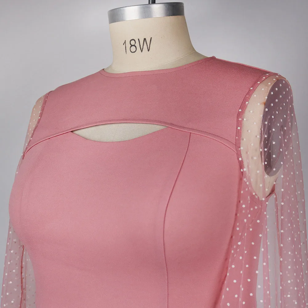 

Round Neck Splicing Sexy Perspective Net Yarn Hollow Out Flared Sleeves Women's Dress Solid Color High Waist Round Neck