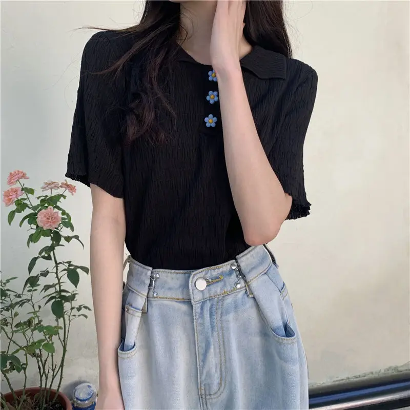 Women's T-shirt 2021 Knit Polo Short Sleeve T-shirts Tee Top Female Clothing Chic Woman Blouse y2k Aesthetic Fashion Sweetshirts