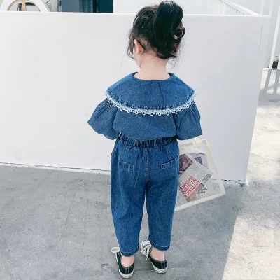 От 3 до 7 лет для маленьких девочек однотонный кружевной джинсовый костюм из двух