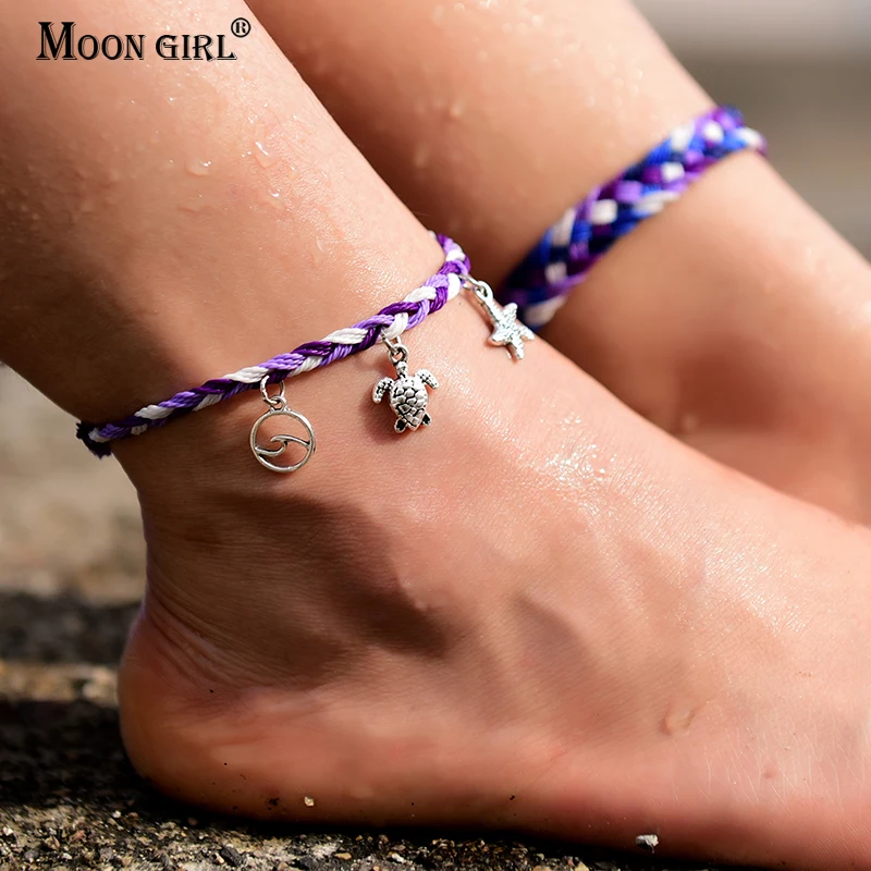 

2Pcs/Lot Waterproof Anklets for Women Wave Turtle Starfish Beach Barefoot Trendy Bracelet on the Leg Chain Boho Foot Jewelry