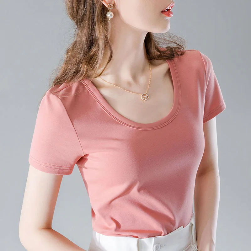 

Purple short sleeve t-shirt female summer new U-neck solid color simple half sleeve cotton t-shirt female
