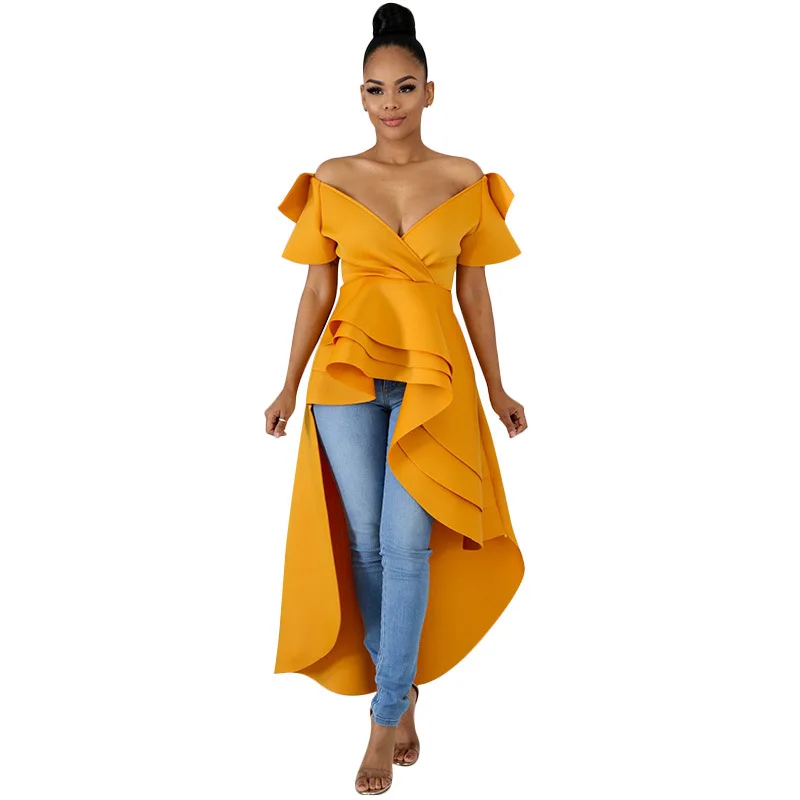 Женское платье с асимметричными оборками v-образным вырезом короткими рукавами