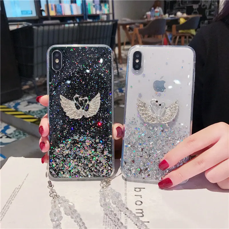 Luxury Bling White Swan Glitter Phone Case For iphone X XR 11 Pro XS MAX 6 6S 7 8 Plus Shining Transparent Soft TPU Cover |