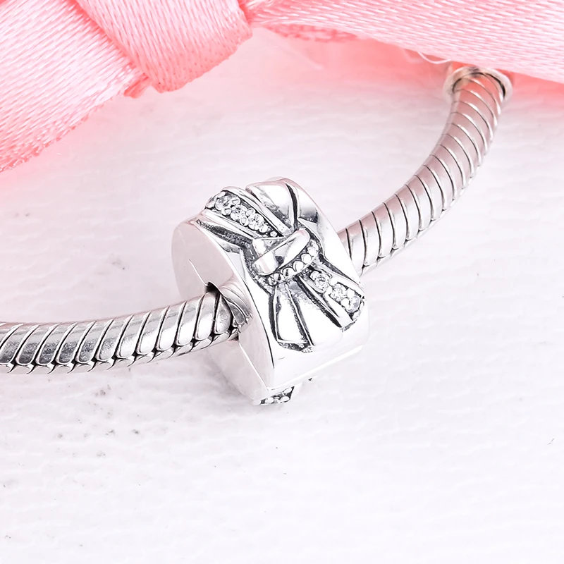 

Fits For Pandora Charms Bracelets Shiny Bow Clip Beads with Clear CZ 100% 925 Sterling-Silver-Jewelry Free Shipping