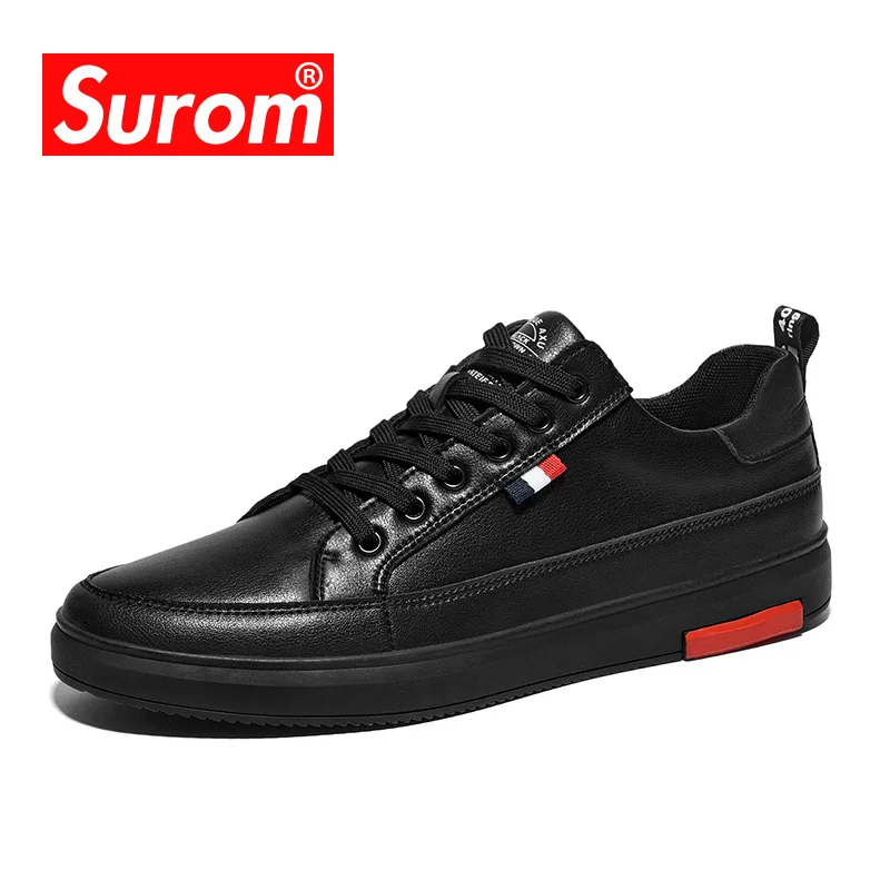 Мужские кроссовки на шнуровке SUROM черные белые повседневные кожаные дышащие из