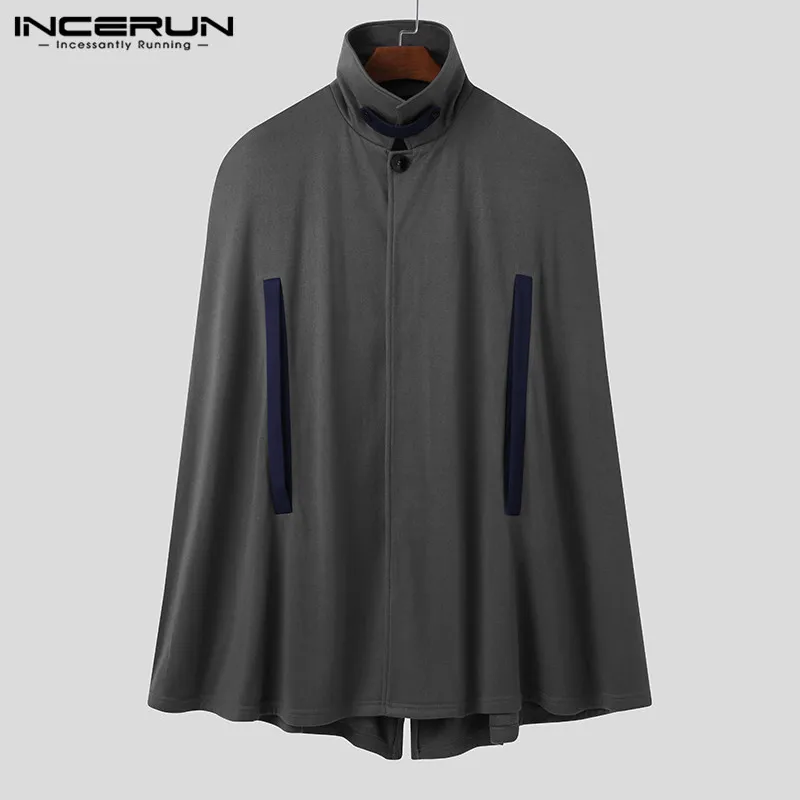 

INCERUN Leisure Single Breasted Cloak Capes Men Coats Fashion Patchwork Poncho Winter Man Solid Pockets Trench Streetwear 5XL 7