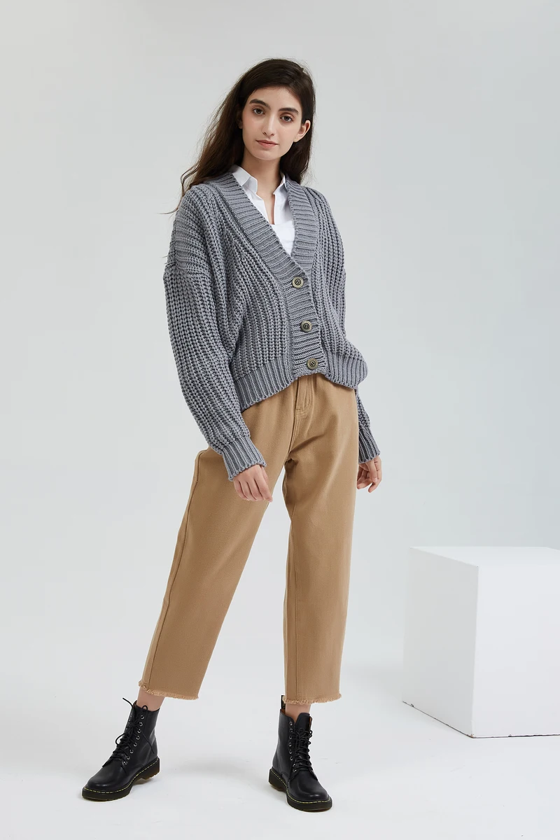 Wixra Knitted Chunky Cardigan Sweater Women Simple Solid Thick Button Clothing Sweater Stylish Tops for Female Autumn Winter