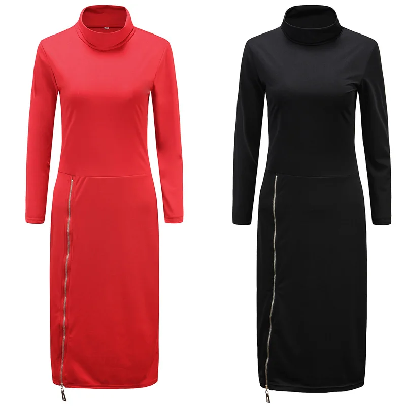 

High Neck New Autumn Women Casual Dress Side Zipper Up Split Sexy Party Dresses Long Sleeve Straight tops