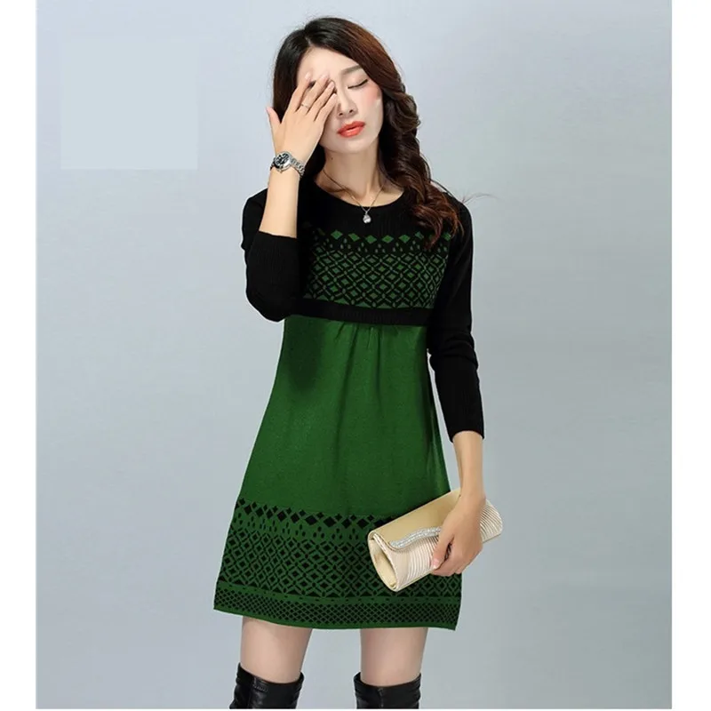 

Autumn Winter Women's Round neck Knit Sweater Pullover Dress Long-sleeve Slim Sweater Dress Ladies Clothing Vestidos Plus Size
