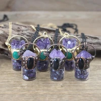 natural amethysts inlay gems bottle pendant copper perfume bottle oil vial gold plated gun black chains necklace jewelryqc1125