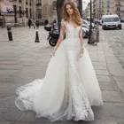 Sevintage 2 шт. свадебные платья русалки со съемным шлейфом с длинным рукавом кружевное платье невесты Boho пуговицы отвесные свадебные платья