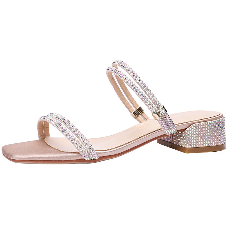 

Brand Women Sandals Summer Shoes Silk Rhinestones 3.5CM Thick High Heels Square Toe Shallow Back Strap women shoes size 35-40