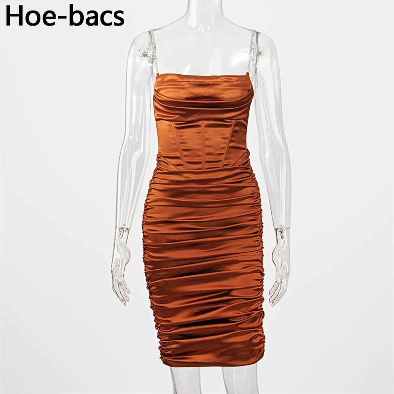 

Satin Sexy Spaghetti Strap Bodycon Mid Dress Women Sleeveless Folds Summer Dresses for Ladies Party Vestidos