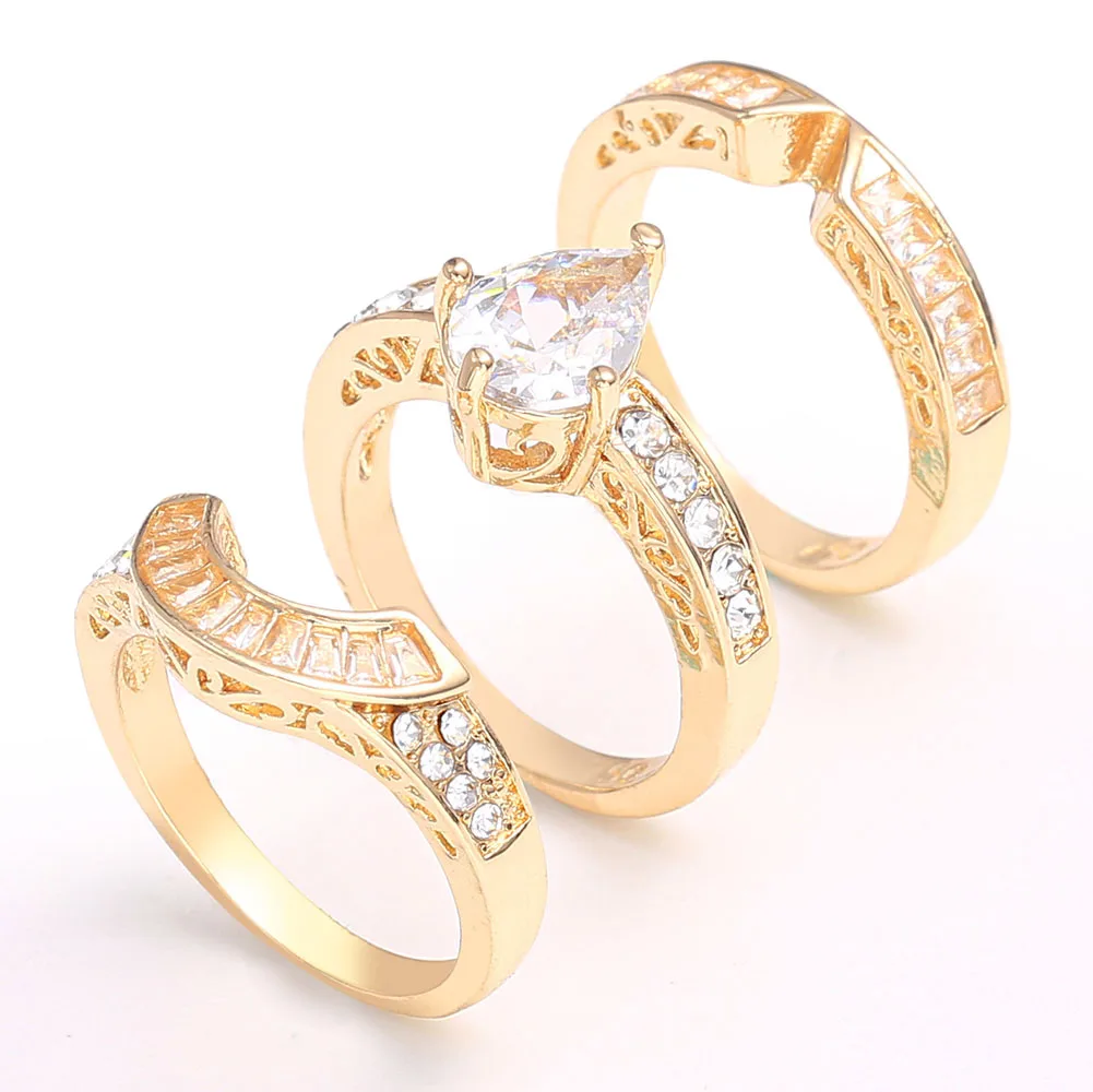 

Women 3pcs/set Luxury Water Drop Crystals Ring Wedding Engagement Ring Jewelry Cocktail Party Dress Accessories Gift