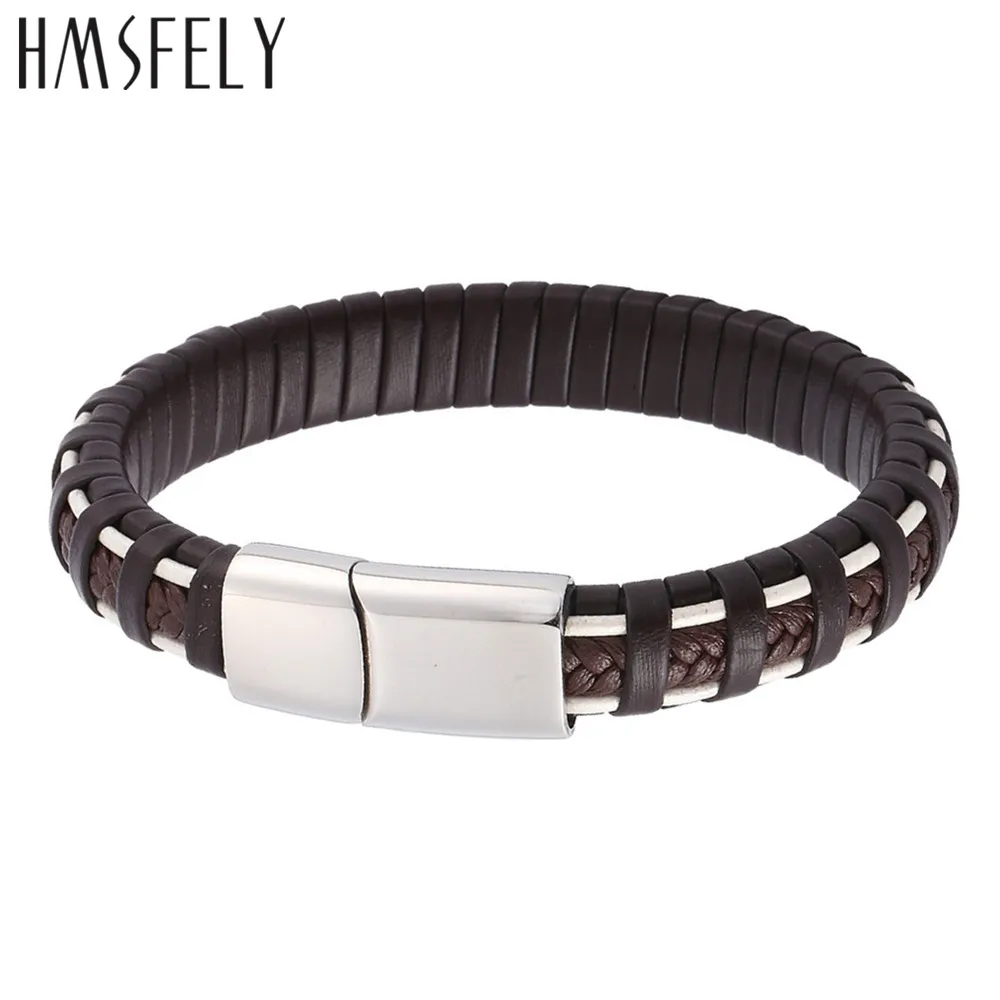 HMSFELY Handmade Men's Super Fiber Leather Bracelet Simple Style Black Brown Bracelets & Bangles For Men Magnetic Clasp Jewelry |