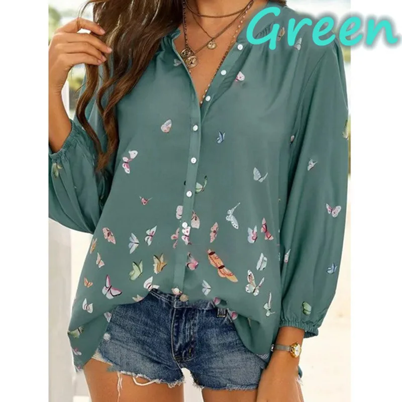 

Fashion Women Lady Casual Lantern Long Sleeve Vintage Street Wear Shirt Spring Autumn Single-Breast Butterfly Print