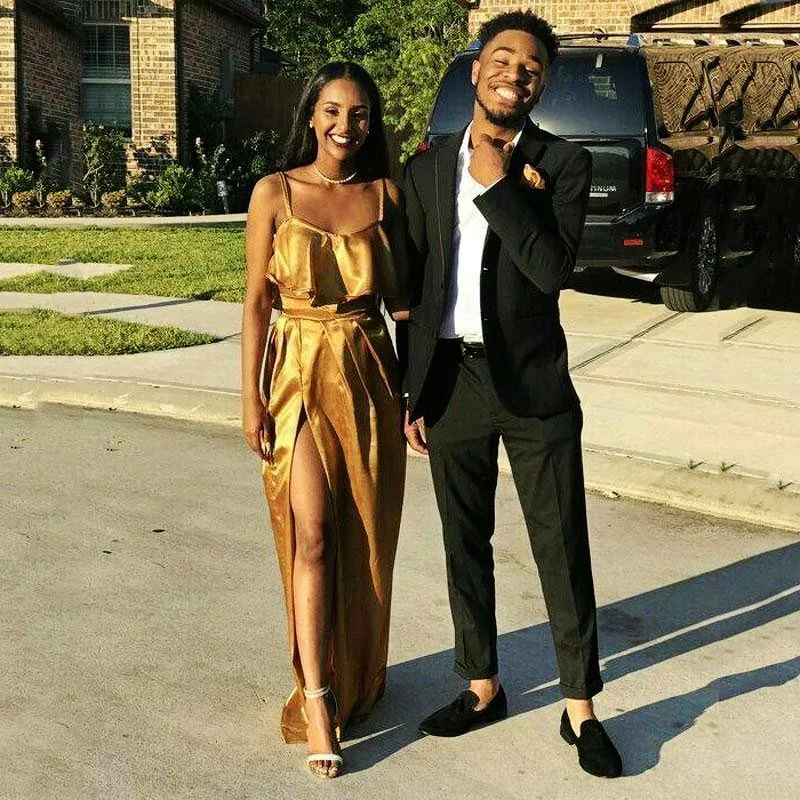 

Gold Bridesmaid Dresses With Spaghetti Straps Split Side Cheap Satin Wedding Guest Dress Black Girls African Prom Vestidos