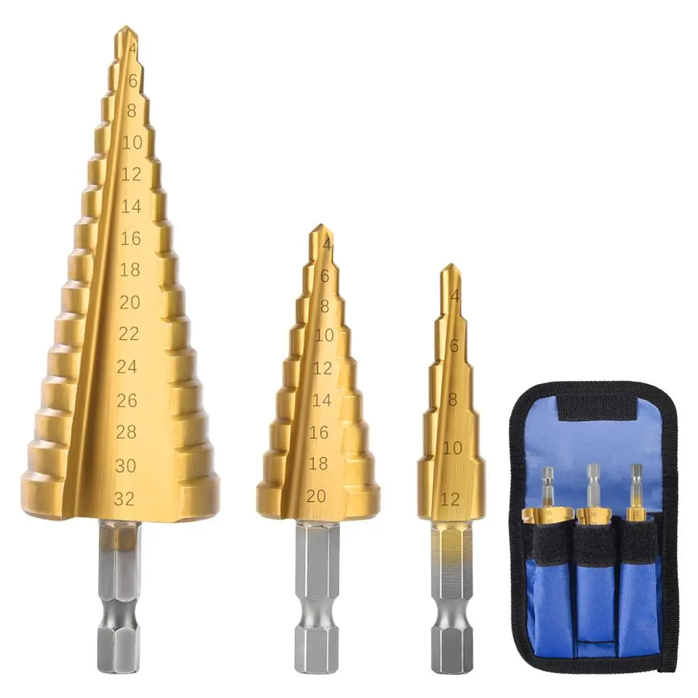 

3P/set 3-12mm 4-12mm 4-20mm HSS Straight Groove Step Drill Bit Titanium Coated Wood Metal Hole Cutter Core Drilling Tools Set