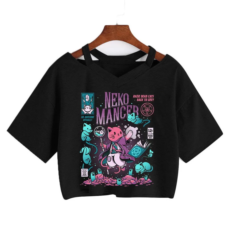 Летняя футболка Harajuku Y2k Neko Mancer кроп топы Ulzzang панк гранж черная сатаническая
