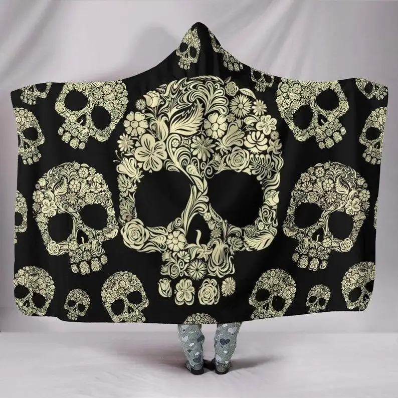 

Hooded Blanket, Black Sugar Skull, Day of the Dead, Mexican Flower, Dia De Los Muertos, Calavera Catrina, Goth