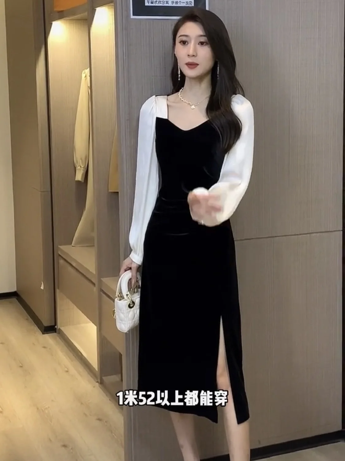 

Elegant Romantic Contrast Hepburn Style Split Slimming Dress Gentle Velvet Early Autumn Elegant Long Sleeve Mid-Length Dress