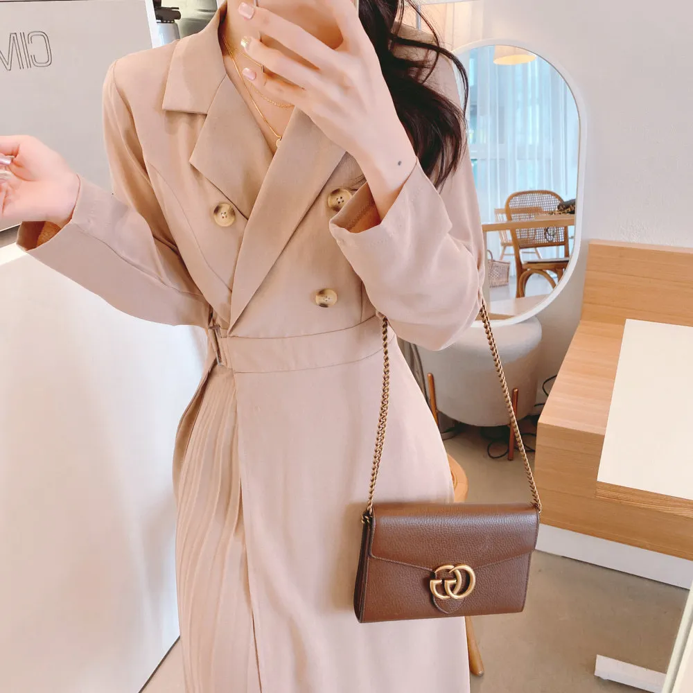 

OL Women Spring Long Sleeve Pleated Long Blazer Black Dresses Notched Collar Slim Waist Bandage A-line Dress Solid Color