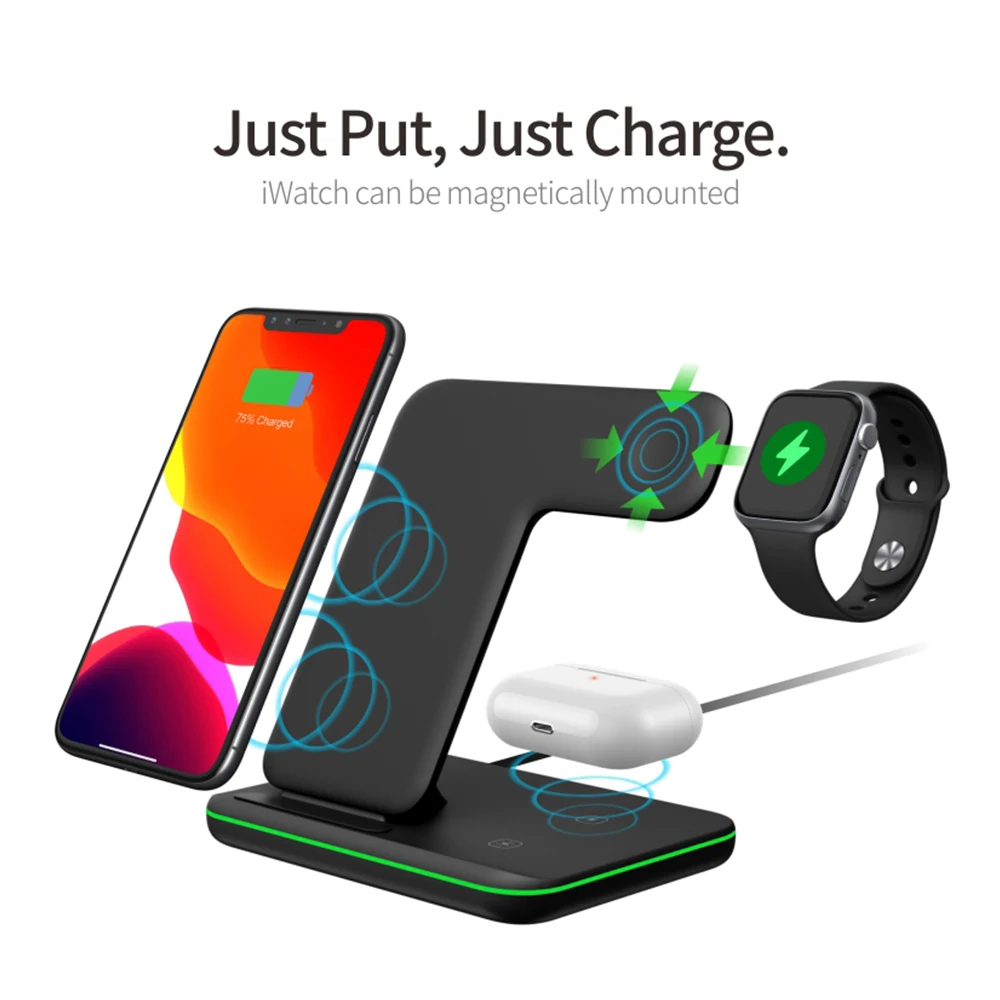 

QI 10W Fast Charge 3 in 1 Wireless Charger For iPhone for Samsung Buds For Apple Watch 4 3 2 For Airpods Pro Charger Stand Dock