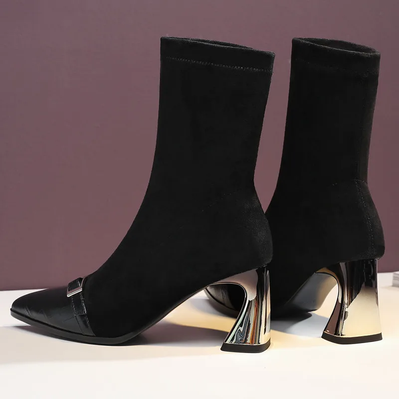 Buonoscarpe Pointed Casual Boots Elastic High-heeled Trend Black Women's Shoes 2019 Autumn And Winter Bare Ladies | Обувь