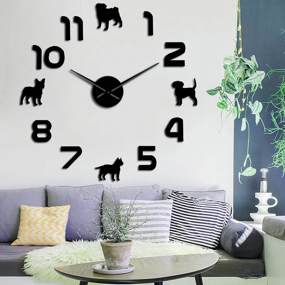 

Different Dog Animal DIY Large Wall Clock Pug Pit Bull French Bulldog Beagle Wall Watch 3D Mirror Effect Wall Sticker Clock