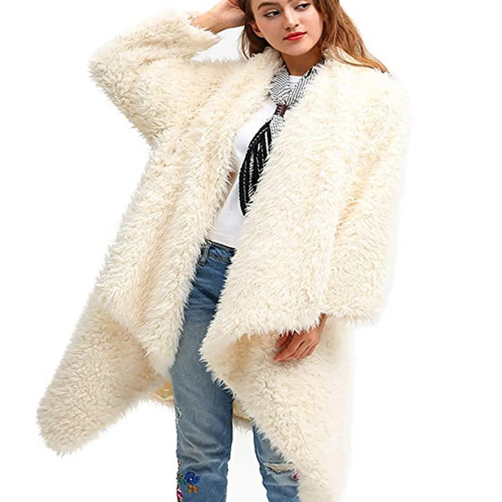 Faux Fur Coat Women Casual Long Sleeve Solid Color Open Front Cardigan Jacket Outwear Top Chaqueta Mujer bontjas Teddy | Женская одежда