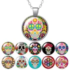 Ожерелье с круглой подвеской в стиле панк с изображением черепа и цветов, стеклянный кабошон 25 мм, серебристого цветаХрустальная бижутерия, вечерние ский подарок на день рождения
