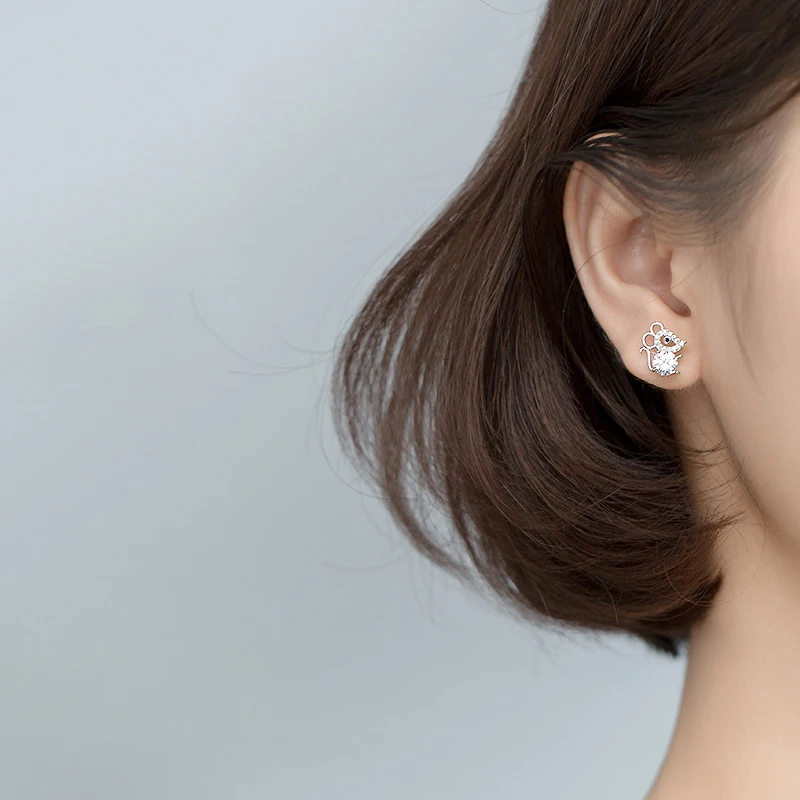 Modian Real 925 Sterling Silver Cubic Zircon Cute Mouse Stud Earrings for Women Fashion Animal Ear Pin Fine Jewelry 2020 New | Украшения и