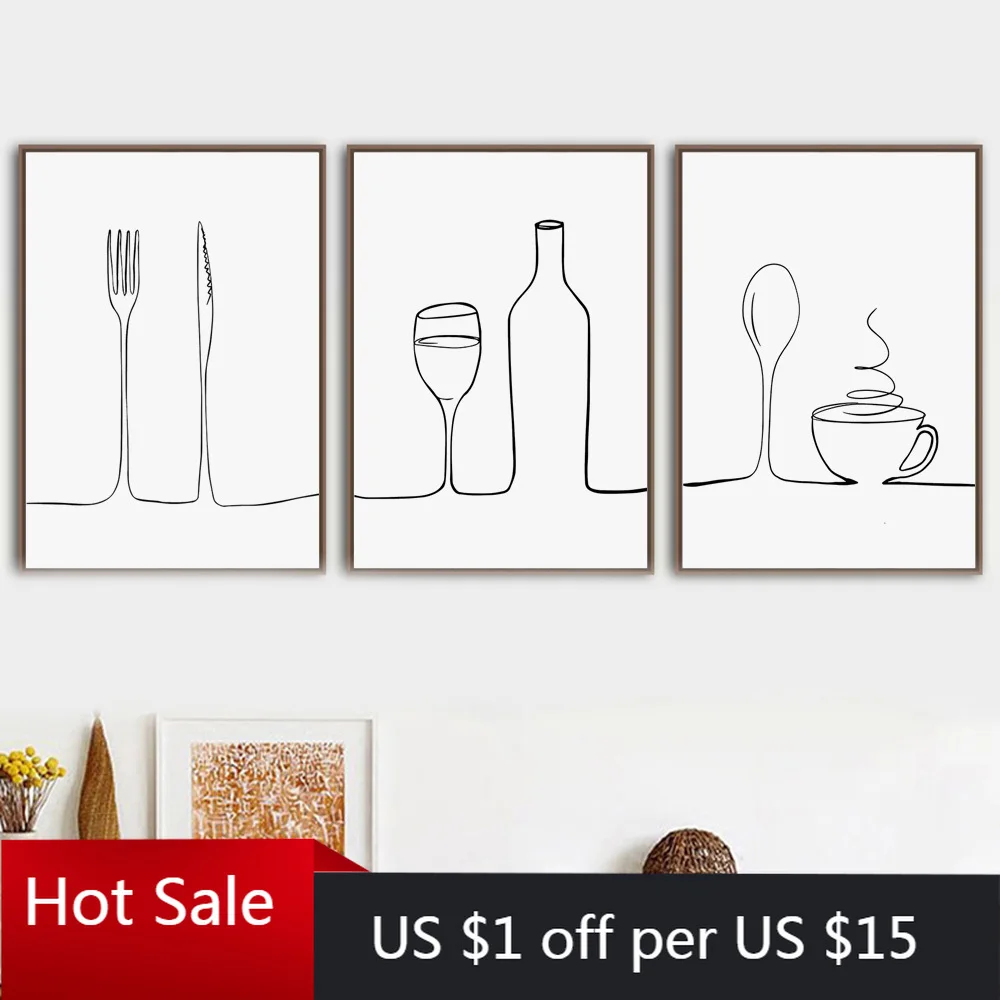 Nordic Стиль Печатные Линии Кофе красное вино Ножи и вилка настенные Арт холст для
