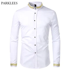 gold embroidery white shirt men brand new stand collar mens dress shirts casual slim long sleeve chemise homme camisa masculina free global shipping