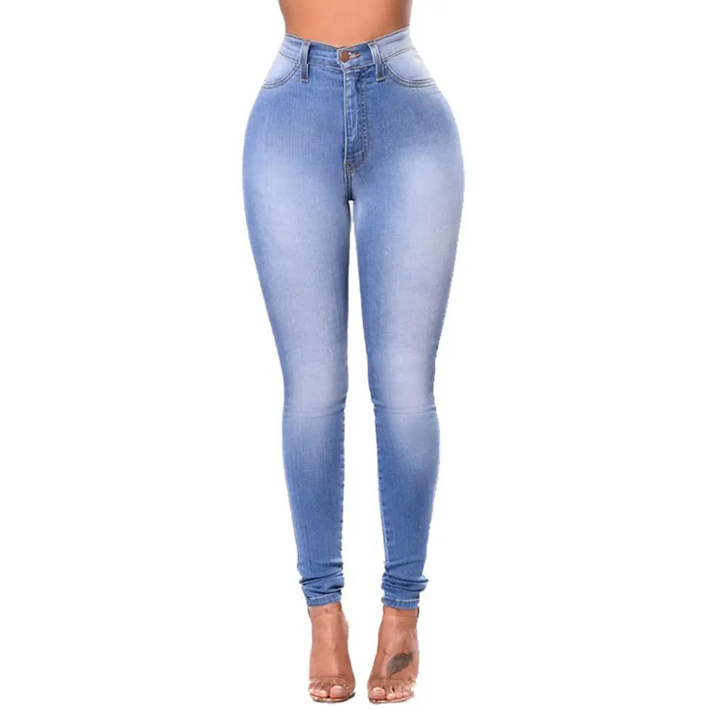 

Обтягивающие джинсы джеггинсы для женщин Простые синие джинсы с высокой талией эластичные тянущиеся женские потертые джинсовые узкие брюк...