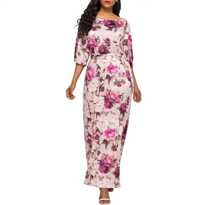 

Womens Casual Printed Plus Size Long Dress Ladies Diagonal Collar Loose Dresses