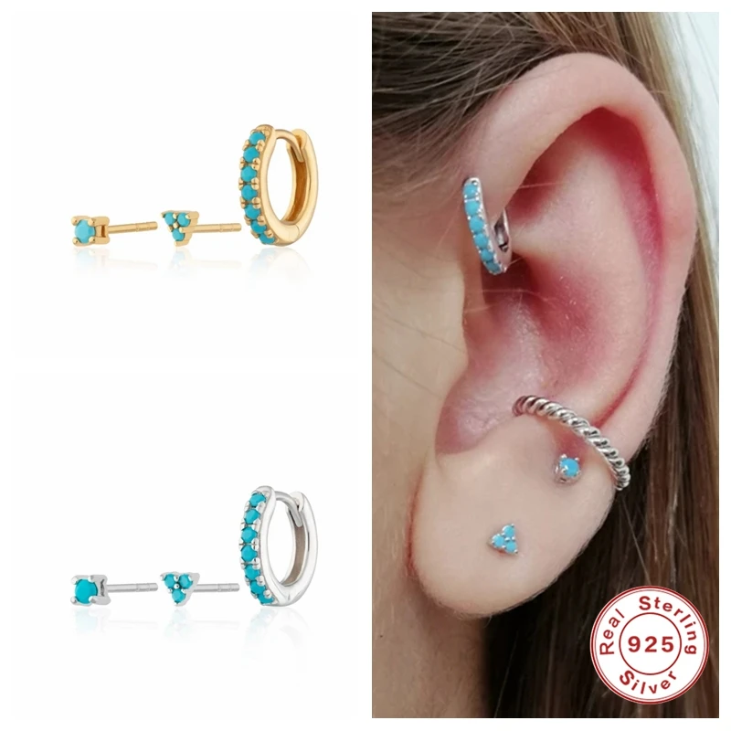 

Aide Creative 3pcs Round Triangle Turquoise Stone Stud Earrings for Women Bohemian Earring Piercing 925 Sterling Silver Jewelry