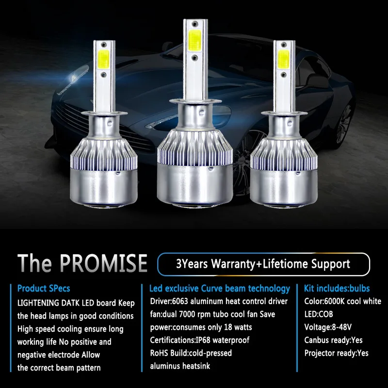 2PCs 9-36V LED Light C6 Headlight H1 H3 H7 H11 H13 36W 3800LM Automatic Headlamp 6500K Bulb | Освещение