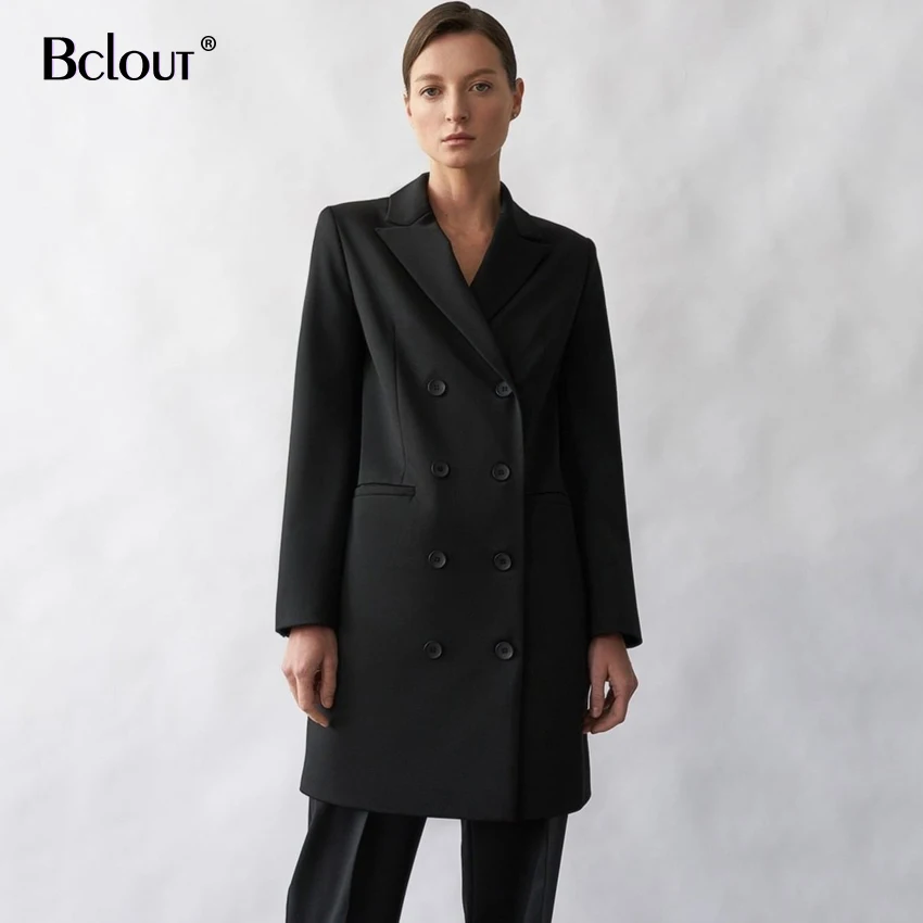 

Bclout Autumn Winter Notched Collar Coat Women Elegant Long Sleeve Tunic Jacket Solid Pockets Oversize Shirts Office Ladies 2021