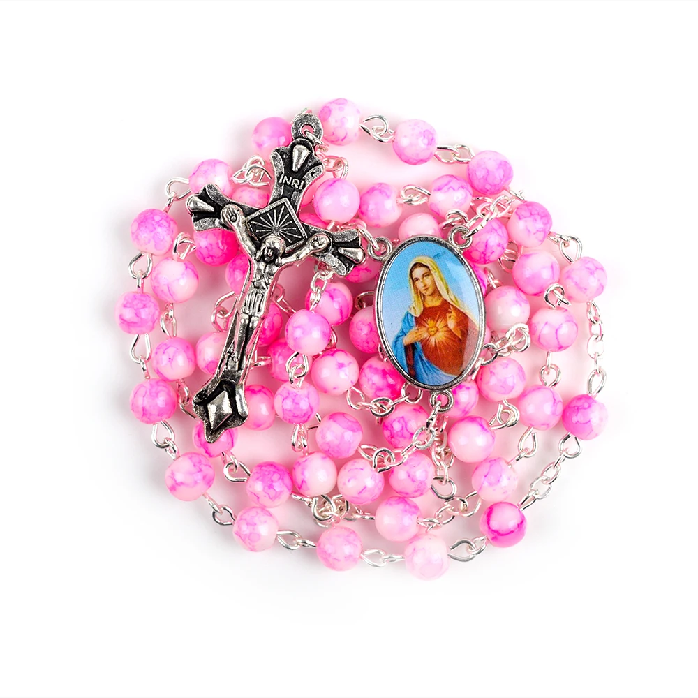 Heart Mary Rosary Католические Четки маленького размера круглые синие стеклянные бусины Девы Марии Иисуса ожерелье женщины - Окраска металла: Heart Mary Rosary