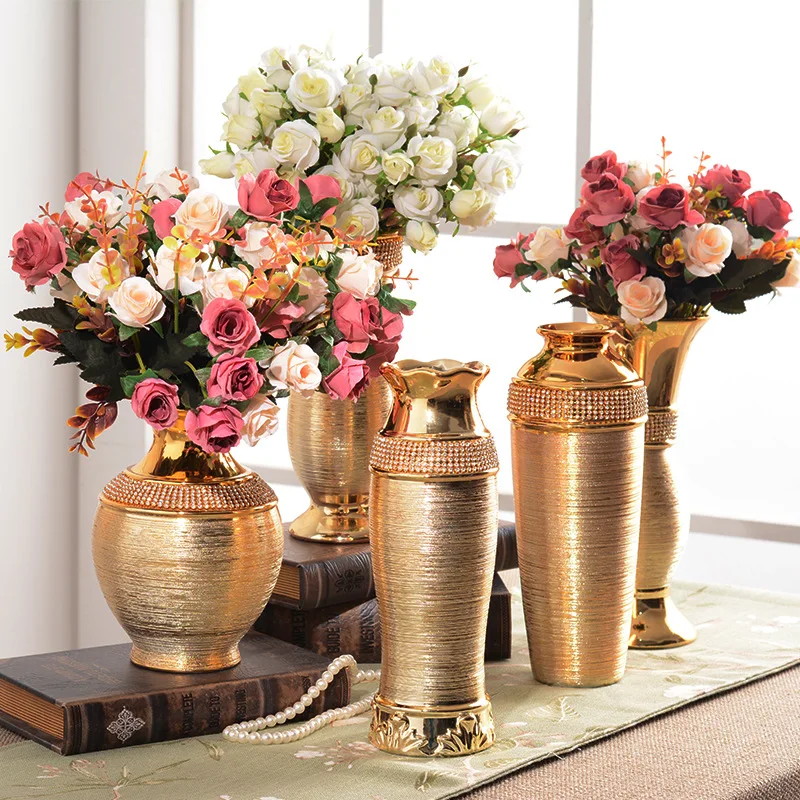 

Golden Vase Europe Electroplated Ceramic Tabletop Vase For Decoration Wedding Flowers Tabletop Round Belly Vases декор
