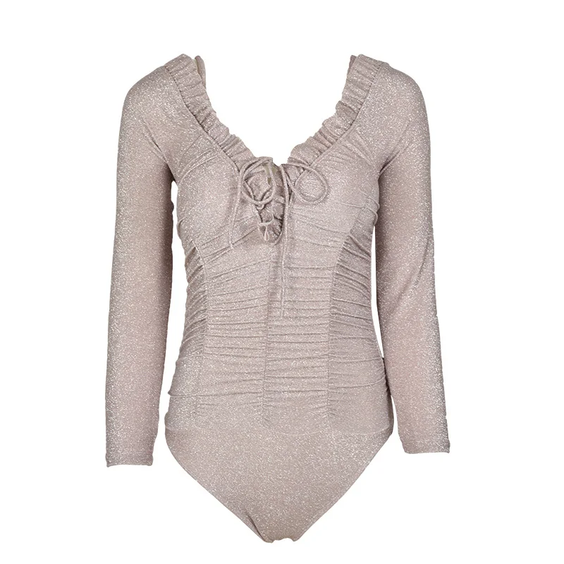 

2019 New Sexy One Piece Swimsuit Swimwear Women Lovely Fold Pink long-sleeved Beach Bodysuit Slimming Sports Bathing Suits M-XL