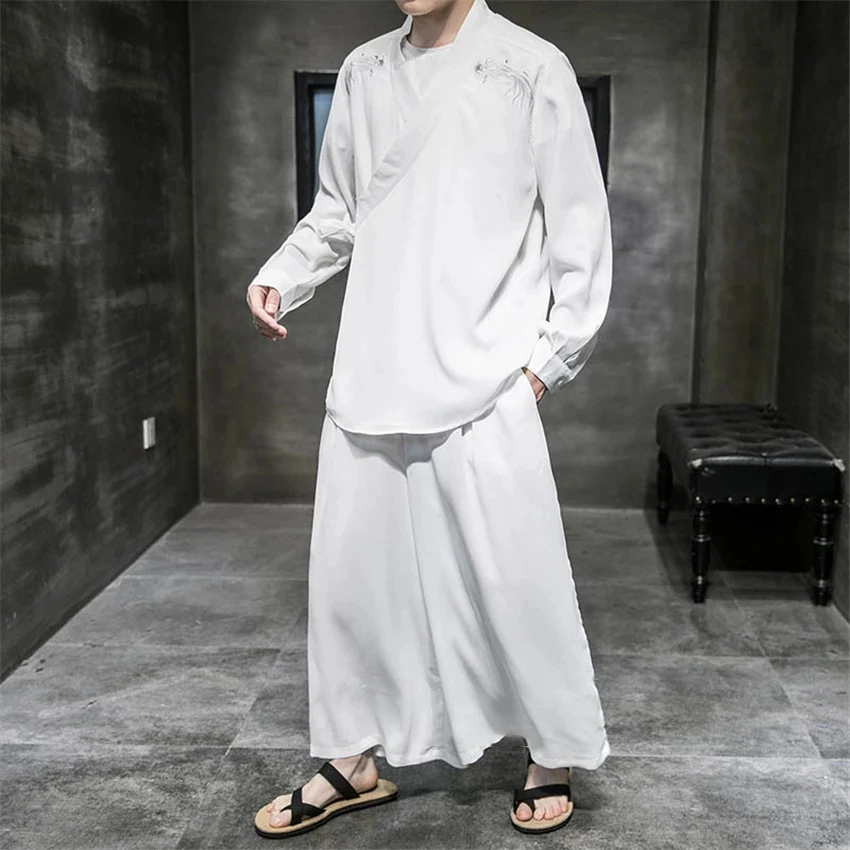 

2021 Chinese Style Men Kimono Sets Long Sleeve V Neck Shirt Tang Suits Casual Wide Leg Pants Solid Streetwear Retro Mens Suits
