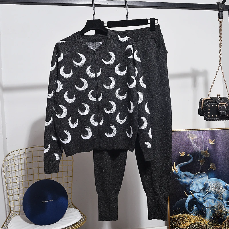 Осенне зимний новый женский свитер Модный комплект круглый вырез молния вязаный