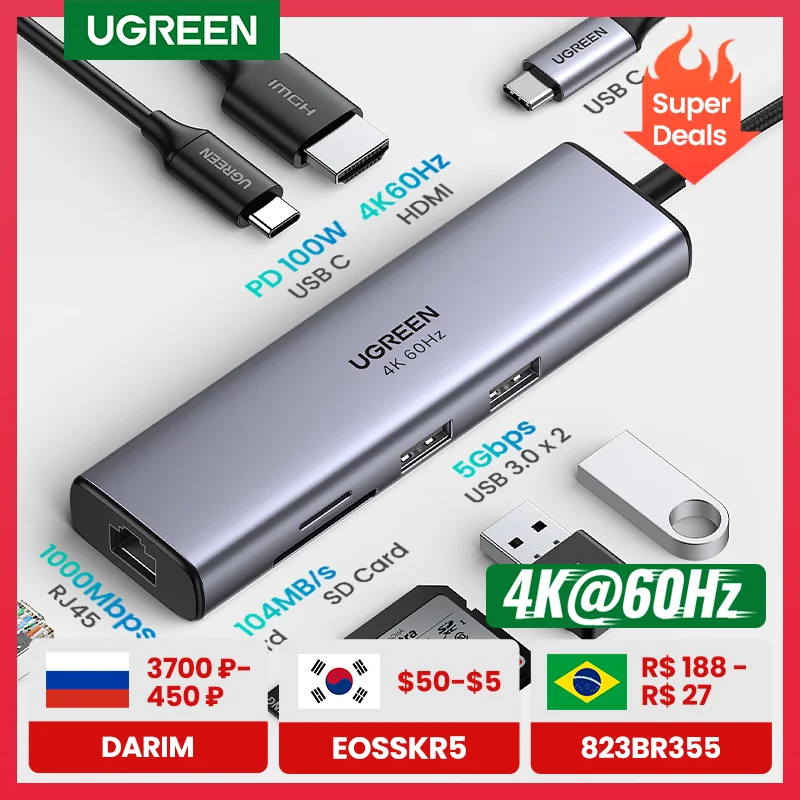 UGREEN USB C HUB 4K 60Hz Type к HDMI 2 0 RJ45 3 PD 100 вт адаптер для Macbook Air Pro iPad M1 PC Аксессуары HUB|USB-хабы|