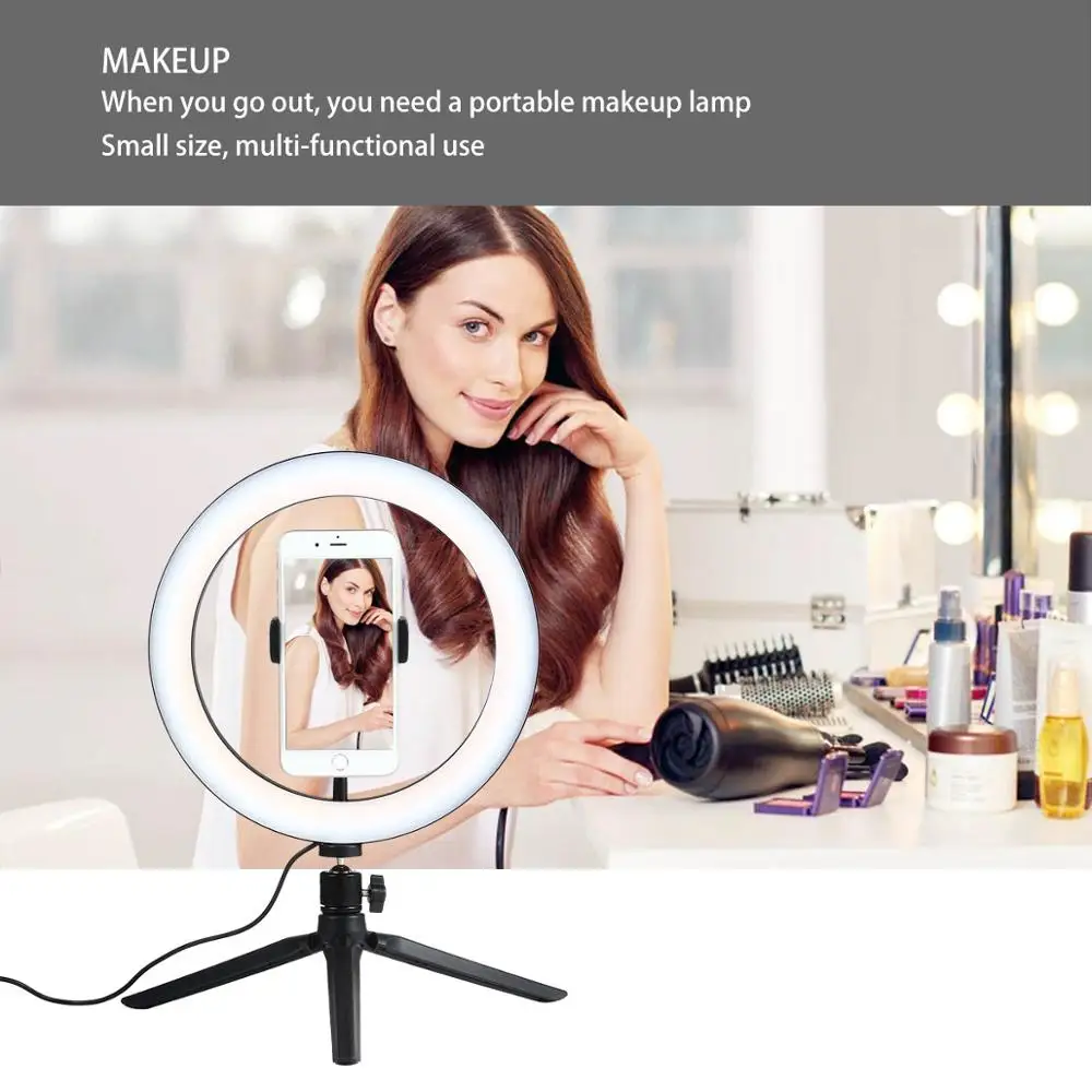 Photography LED Selfie Ring Light Dimmable Camera Phone Lamp 10inch With Table Tripods For Makeup Video Live Studio | Электроника
