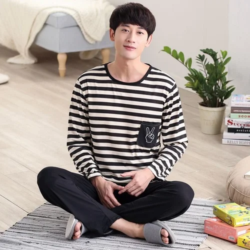 

Autumn Stripe Pajamas Men Long Sleeve Pajama Set for Male Plus Size Sleep Clothing Casual Nightie Sleepwear Man Pyjamas Suit