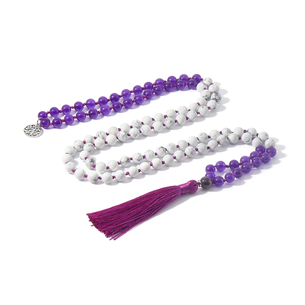 

8mm Howlite Purple Chalcedony Mala Necklace 108 Beads Knotted Meditation Yoga Blessing Healing Jewelry Japamala Rosary for Women