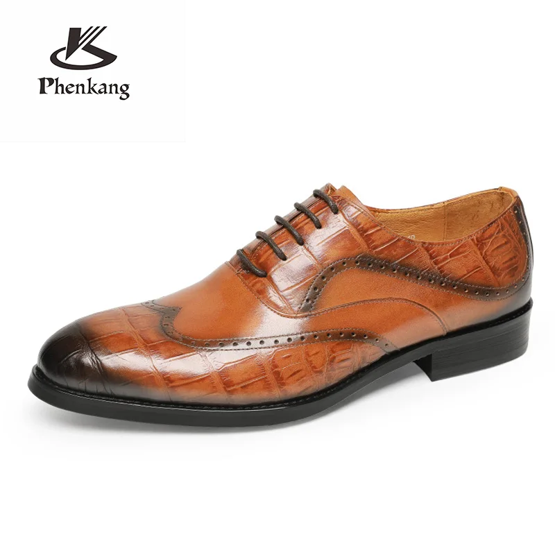 

Phenkang Genuine Cow Leather Men's Dress Shoes Handmade Lace Up Oxford Alligator Patten Pointed Toe Party Formal Shoes for Men